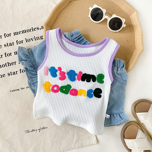  Girls New Summer Children's Korean Style Sleeveless T-shirt Baby Girl Embroidered Elastic Vest 0029