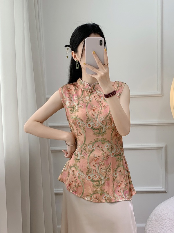 新しい中国風ジャカードピンクバックルベスト女性のための 2025 夏の新しいウエスト痩身年齢軽減ノースリーブシャツトップ|undefined