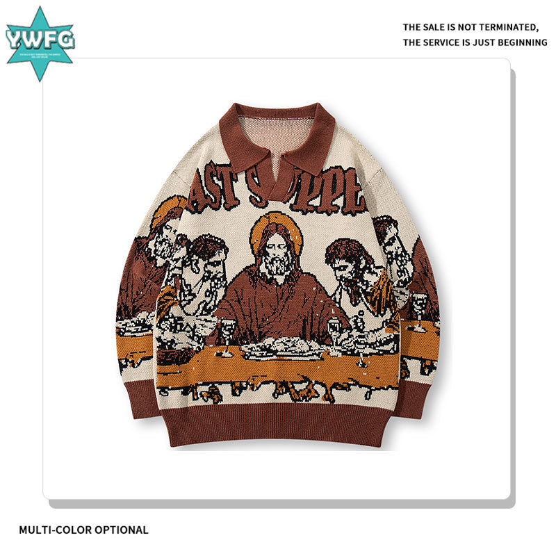 Cross-Border Popular Retro Fun Sweater for Men, European and American Casual Turn-Down Collar Versatile Knitwear with Character Jacquard Knit Sweater