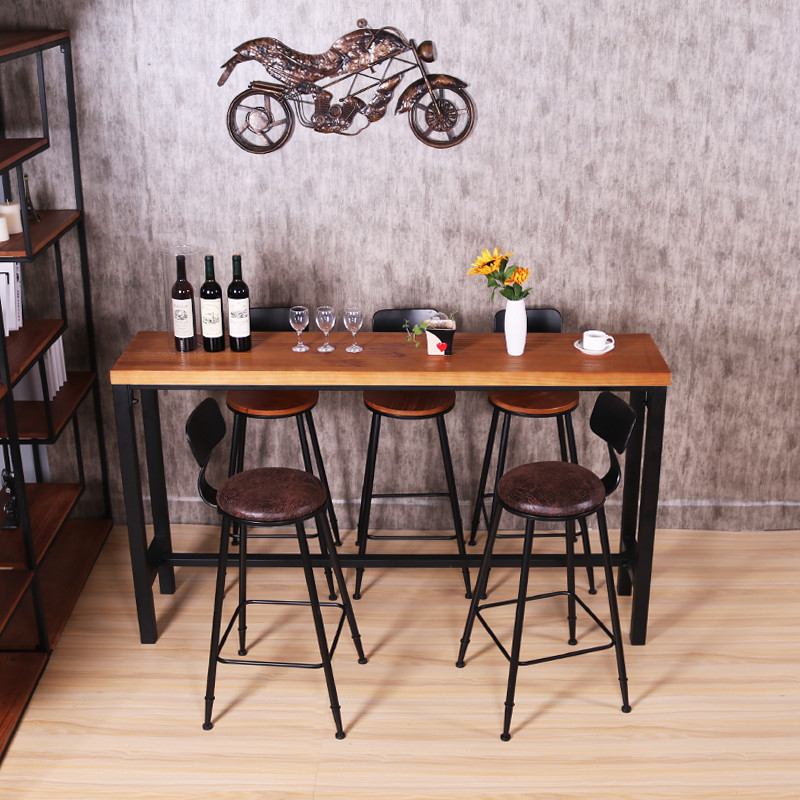 Modern Retro Iron Cafe Milk Tea Shop Bar Table and Chair Combination Bar High Chair Backrest Solid Wood Bar Table
