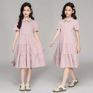 Children's Girls dress Summer Lantern Sleeve POLO Collar Skirt 2025 New Children's Little Girl Princess Skirt