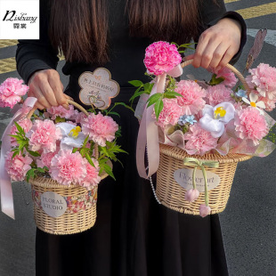 Teacher's Day Hat Woven Hand-Held Flower Basket Flower Bouquet Flower Arrangement Basket Handmade DIY Material Floral Hand-Held Basket