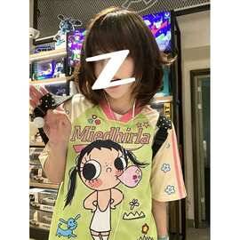 原版面料  原版做工  螺纹领口+后包边 印花领短袖女图片色磨毛
