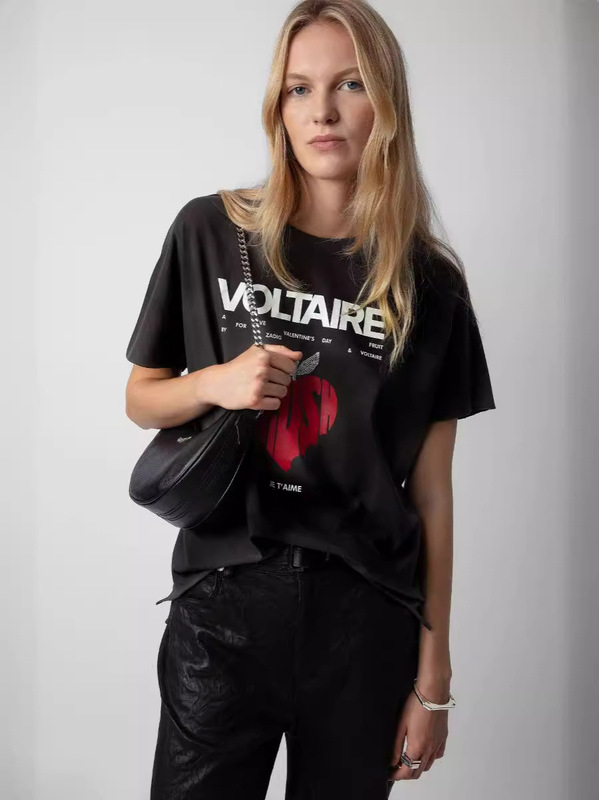 24 Spring and Summer New French Niche ZV Behind Letter Apple Love Printed Round Neck Cotton Women's Short Sleeve T-Shirt
