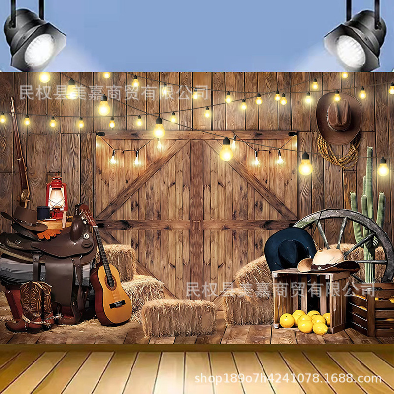 Amazon Western Cowboy Autumn Farm Country Barn Door Background Cloth Children's Birthday Party Photo Banner