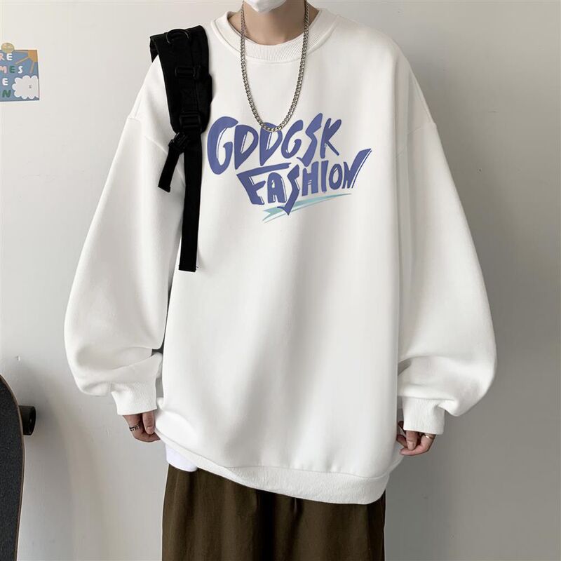Fleece-Lined Versatile Crewneck Sweatshirt for Men, Autumn and Winter American Retro Style, Trendy Casual Loose Pullover Without Hood Fleece-Lined Versatile Crewneck Sweatshirt for Men, Autumn and Winter American Retro Style, Trendy Casual Loose Pullover Without Hood