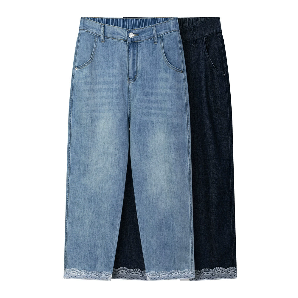 Джинсы больших размеров для женщин, летние тонкие 100kg г., свободные кружевные брюки с полуэластичной талией, 2520