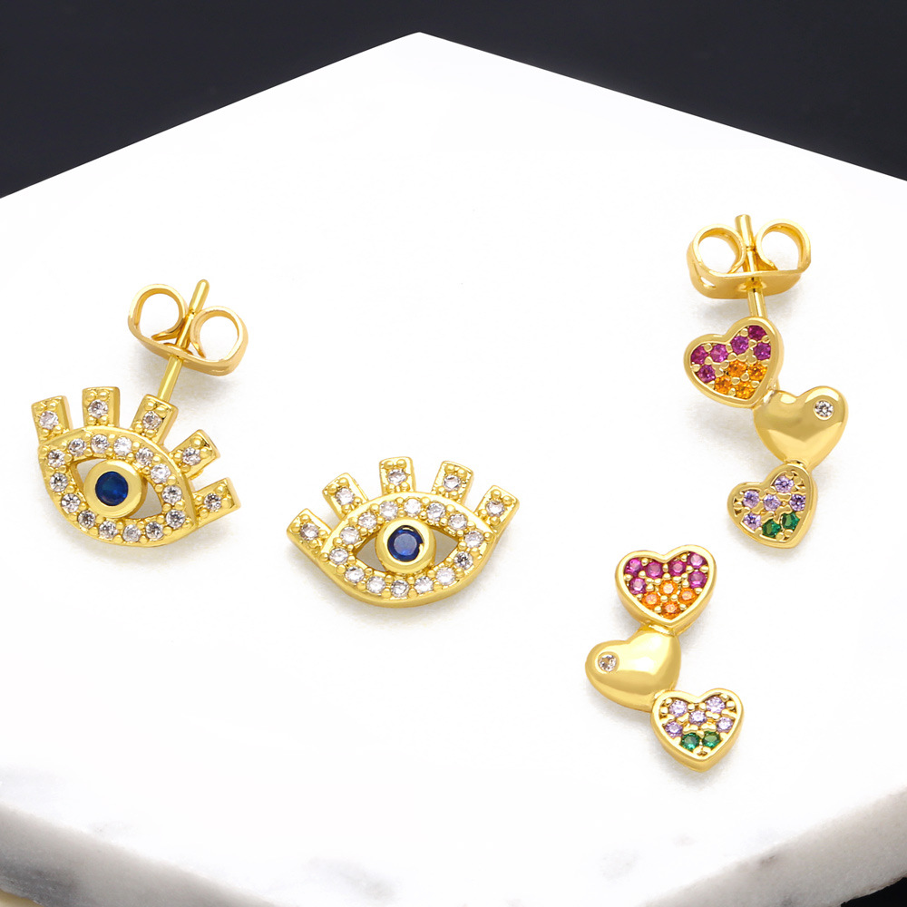 Fashion Devilu0027S Eye Heart Shape Copper Ear Studs Inlay Zircon Copper Earrings