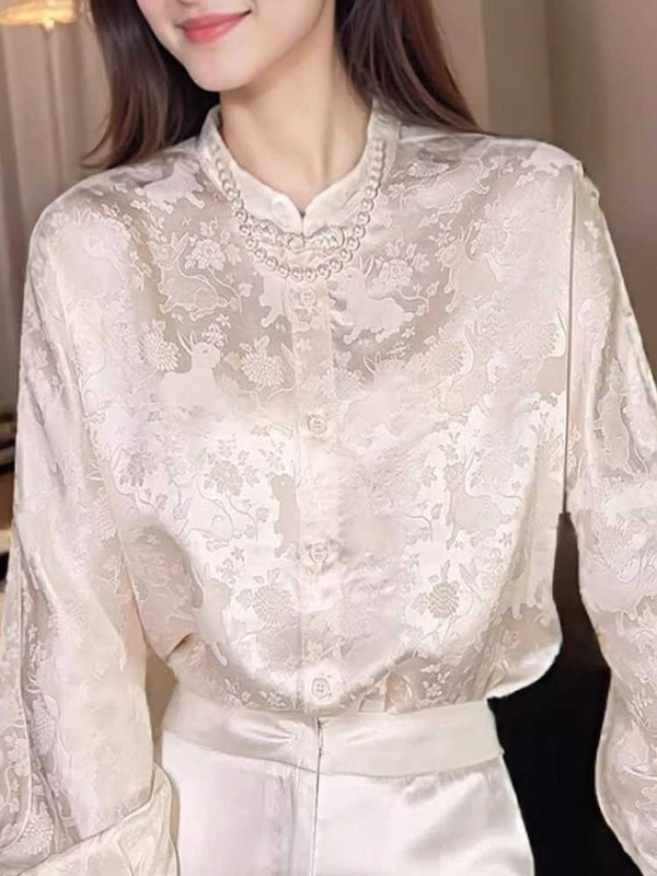 年轻款香云纱上衣新中式桑蚕丝国风女装早秋长袖时尚提花衬衫大码|undefined