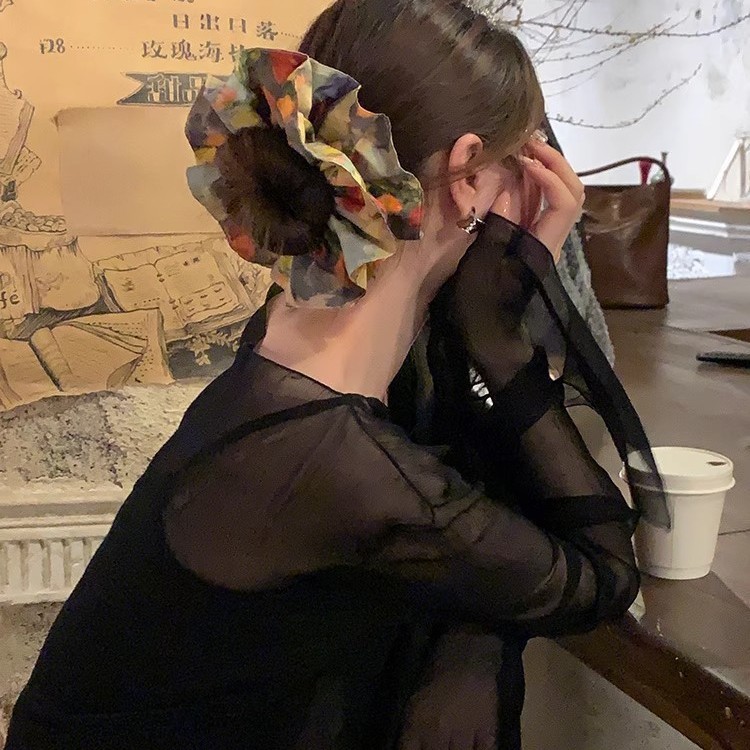 油画风花朵大肠圈复古发圈方巾丸子头花绑头发绳发饰新款法式复古|undefined