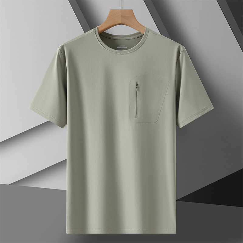 Custom Printed Logo Ice Silk Short-Sleeve T-Shirt for Men, Summer Breathable Round Neck Casual Sports T-Shirt with Pockets, Quick-Dry Top