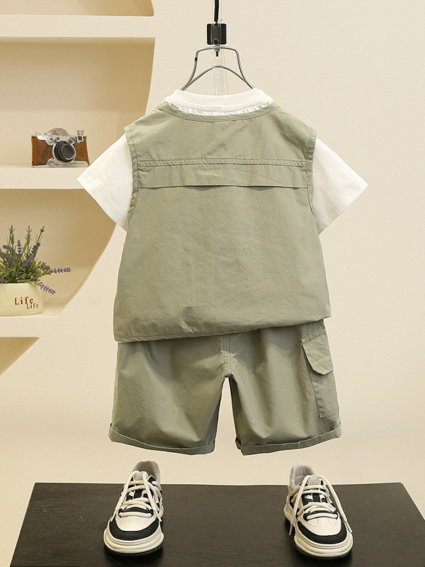 7118 Traje de verano para niños 2025 Nuevo estilo para niños Chaleco fino de manga corta Baby Fried Street Summer Traje de tres piezas