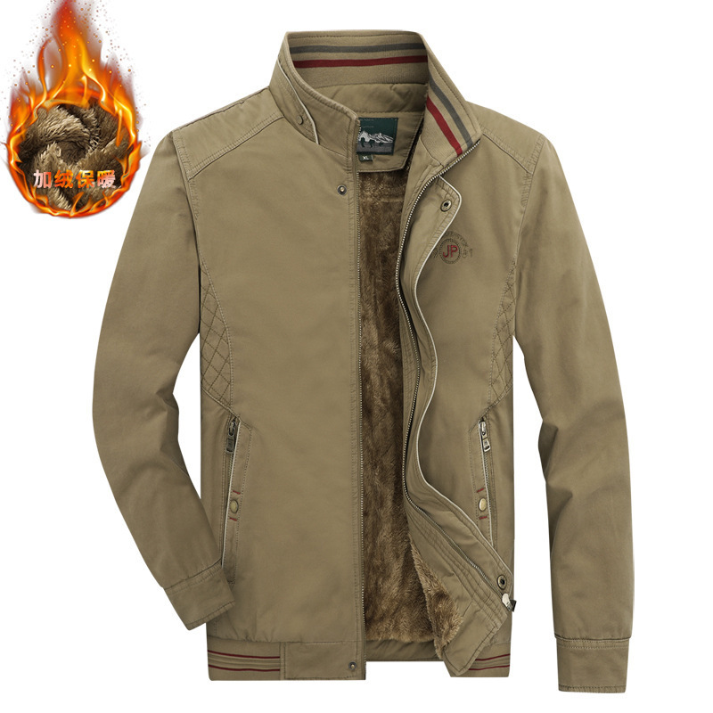 Jacket coat men's new fleece-lined thickened spring and autumn winter casual short washed tooling stand collar father popular