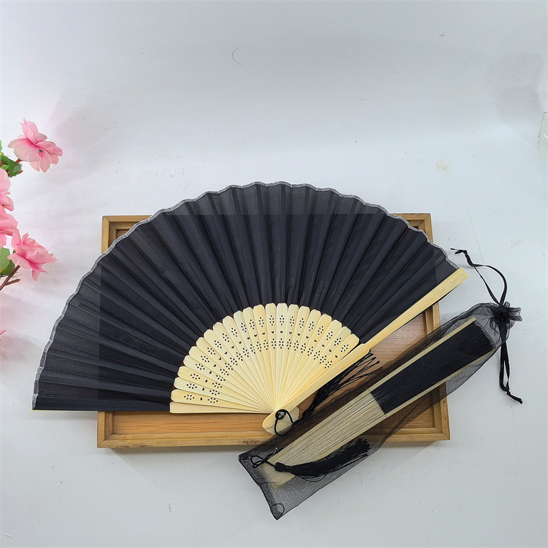 21cm白扇子欧根紗袋流蘇純色結婚式布扇竹骨シルク布面印字可能|undefined