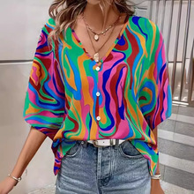 2024速卖通亚马逊时尚印花女装 优雅蝙蝠袖宽松衬衫  纽扣V领上衣