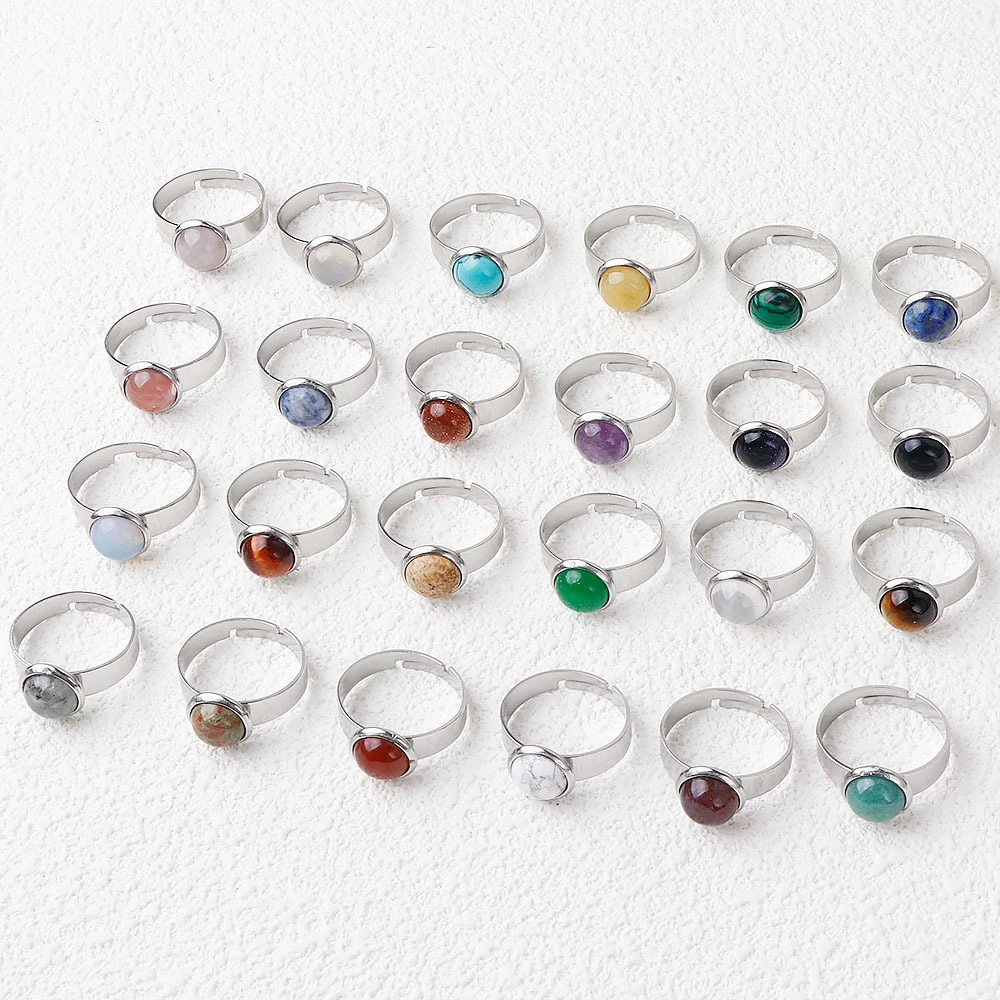 Кольцо из нержавеющей стали с инкрустацией натуральным кристаллом агата 11 мм, аметистом, розовым кварцем и авантюрином