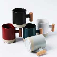 Korean-style wooden-handled ceramic mug coffee tea cup milk cup gift retro literary water cup printed with logo