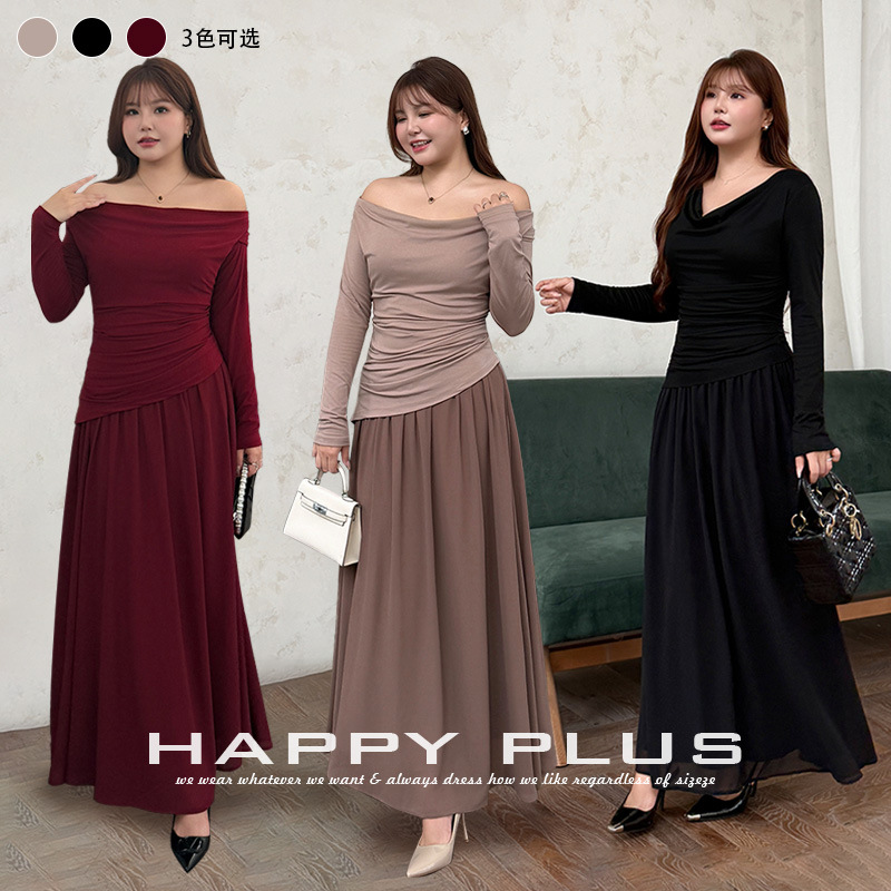 Runqi Plus Size Women's French Style Patchwork Tulle Dress 9591, Elegant Swing Collar Pleated Waist-Cinching Knit Dress
