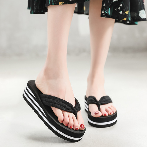 High-heeled black sandals with white laces, women's summer sandals with height increase, thick soles, bright ribbons, casual, versatile, beach shoes, home shoes