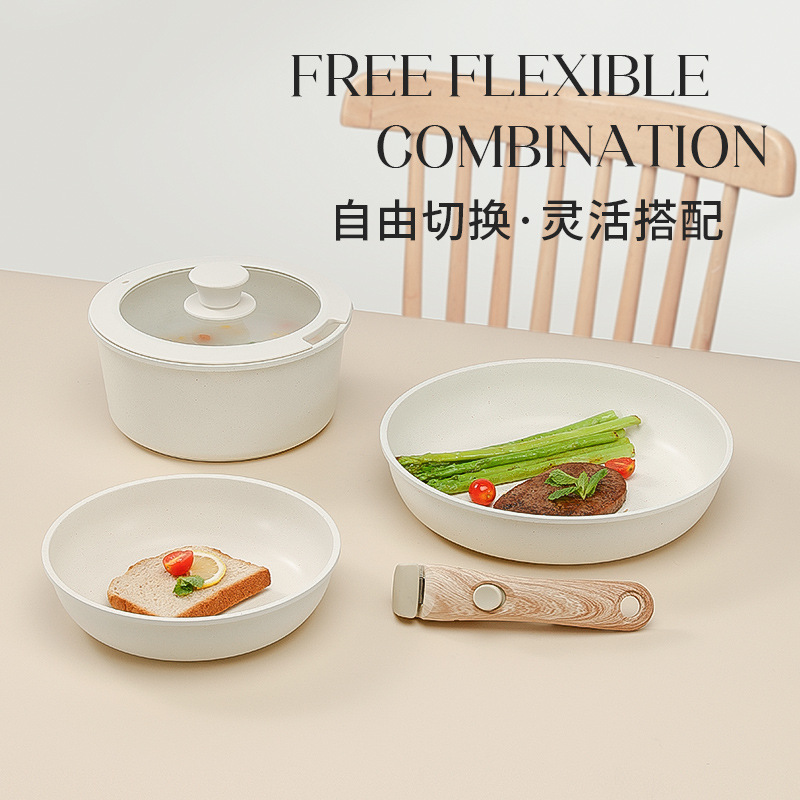 Sartén y olla antiadherente con mango desmontable, apta para cocina doméstica y camping, ideal para freír y saltear.