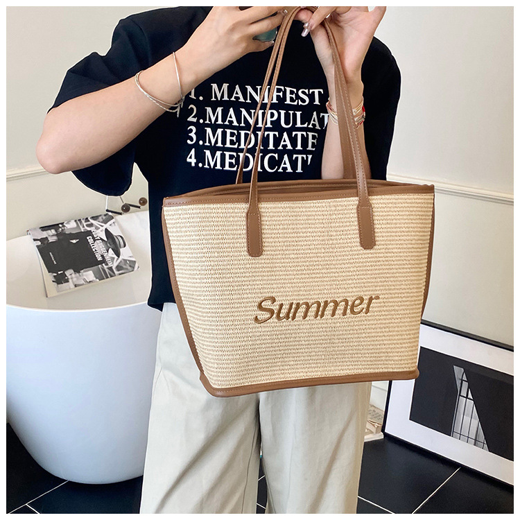 Straw woven letter large-capacity bag 2025 single-shoulder large bag for women, new beach woven summer Korean-style tote bag undefined