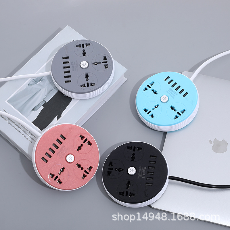 6USB 圆形三孔 带开关吸塑包装接线板 3A充电器外单插座外贸排插