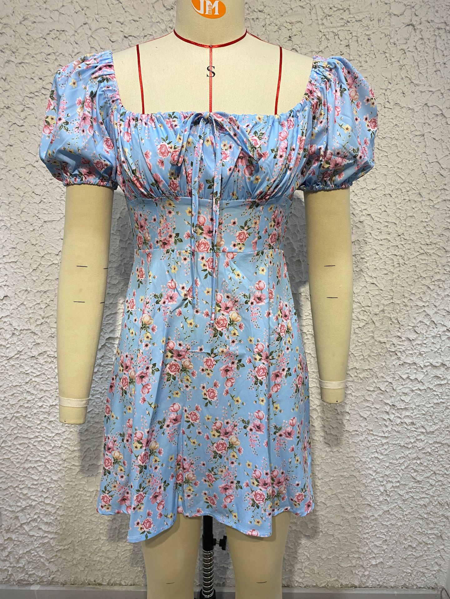 Fashion Printing Square Neck Short Sleeve Printing Zipper Polyester Above Knee A-Line Skirt