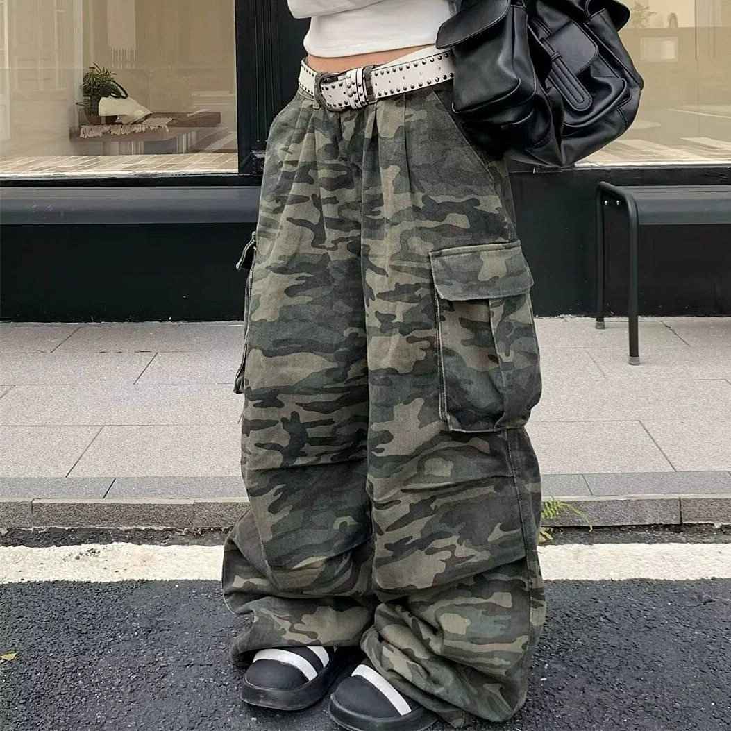 Внешняя торговля 2024 американские уличные стирание с несколькими карманами камуфляжные брюки свободные прямые брюки с широкими ножками