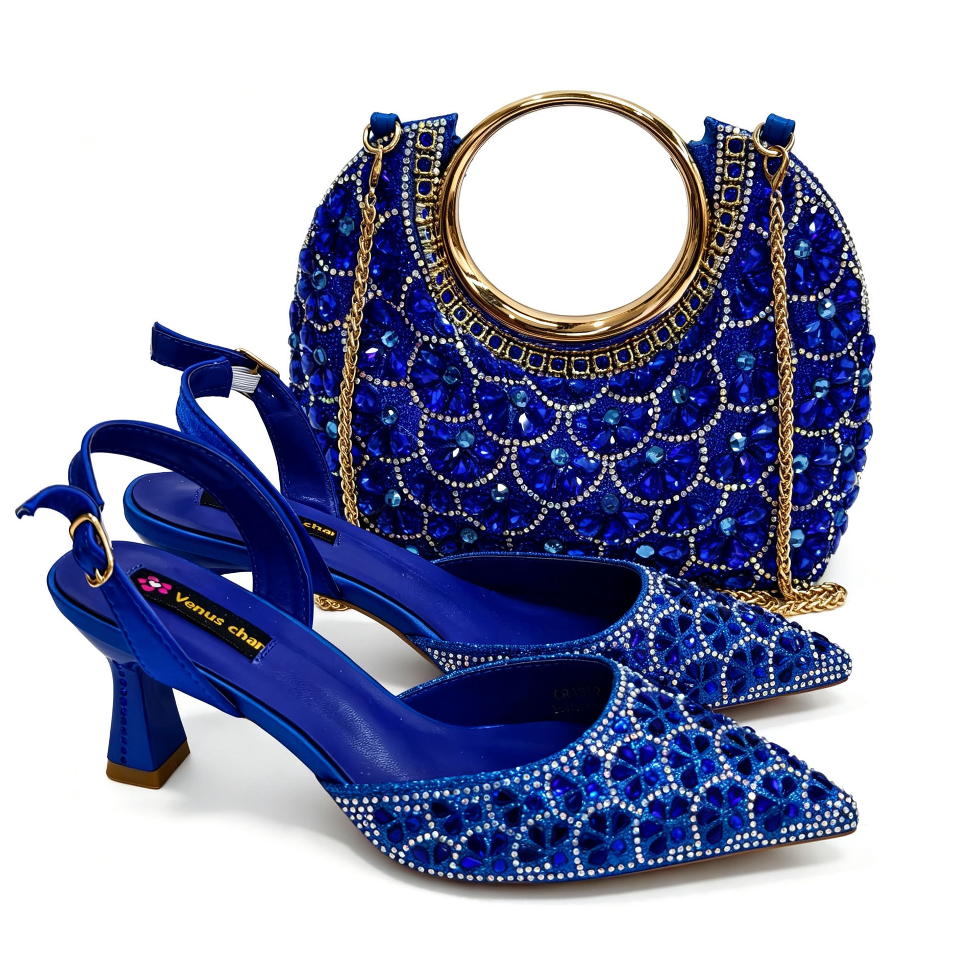 gold Sparkling Diamond Party Shoes And Set: Pointed Toe Full-Diamond PU Sandals Paired With French Style Shoulder Bag_voghion.com