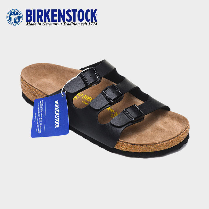 Summer Cork Sandals and Slippers Beach Shoes Flat Slippers Cork Shoes Women's Florida Genuine Leather Three-Button Beach Sandals