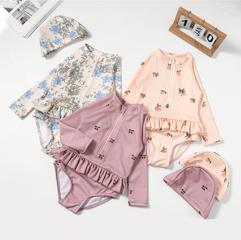 Mädchen-Badeanzug mit Blumenmuster und Rüschen, inklusive passender Badekappe | Niedliches Baby-Badeanzug-Set für Pool und Strand_voghion.com