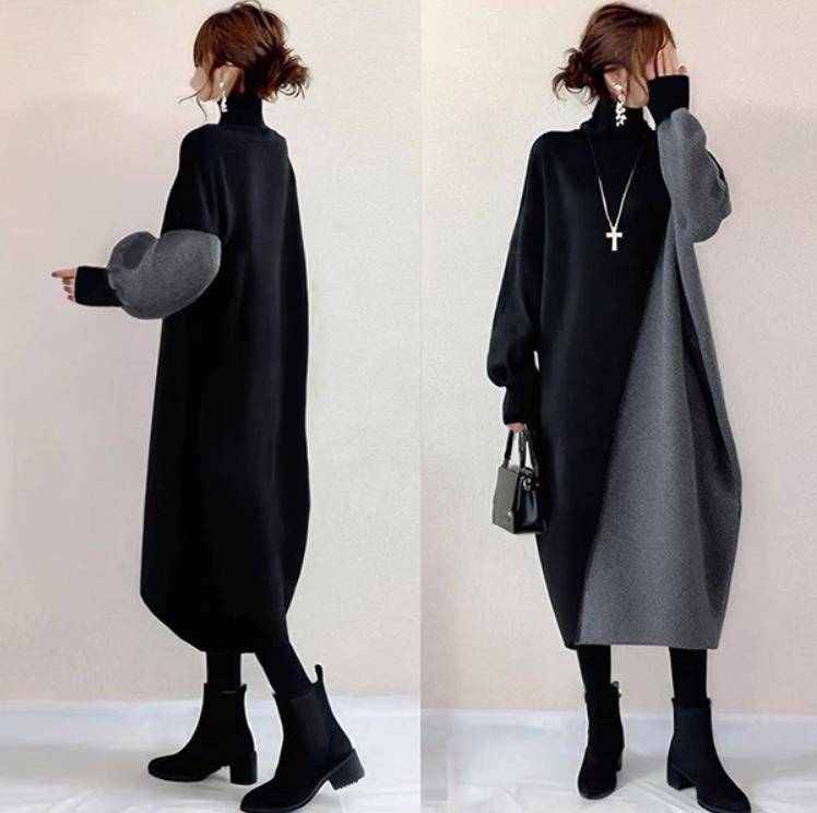 现货日系2025春季新款小众设计感拼接撞色针织连衣裙女中长款