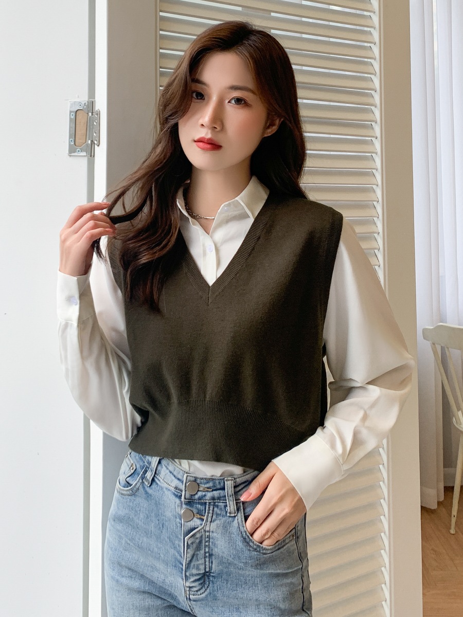 Chaleco de punto estilo nuevo para primavera y otoño para mujer, suéter sin mangas moderno, top corto marrón elegante.