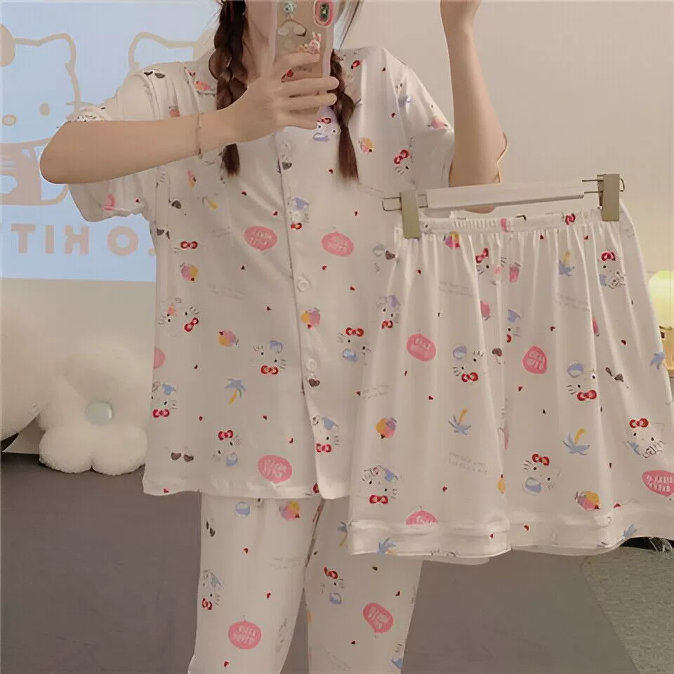 Пижамный набор Hello Kitty на осень (Hello Kitty) милый японский стиль, хлопок с длинным рукавом, размеры M–XXL