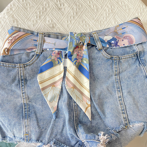 Blue tulip thin long silk scarf women's hair band braided hair ribbon binding bag bandage hair floating scarf women