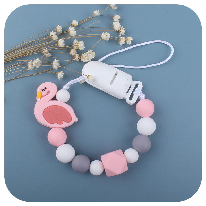 Bebé de dibujos animados animal Flamingo juguete de silicona dientes de bebé molienda palo mordedor chupete cadena anti-gota cadena