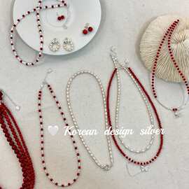 韩国轻奢高级感锁骨链 S925纯银简约红色圆珠项链 圣诞新年单品女