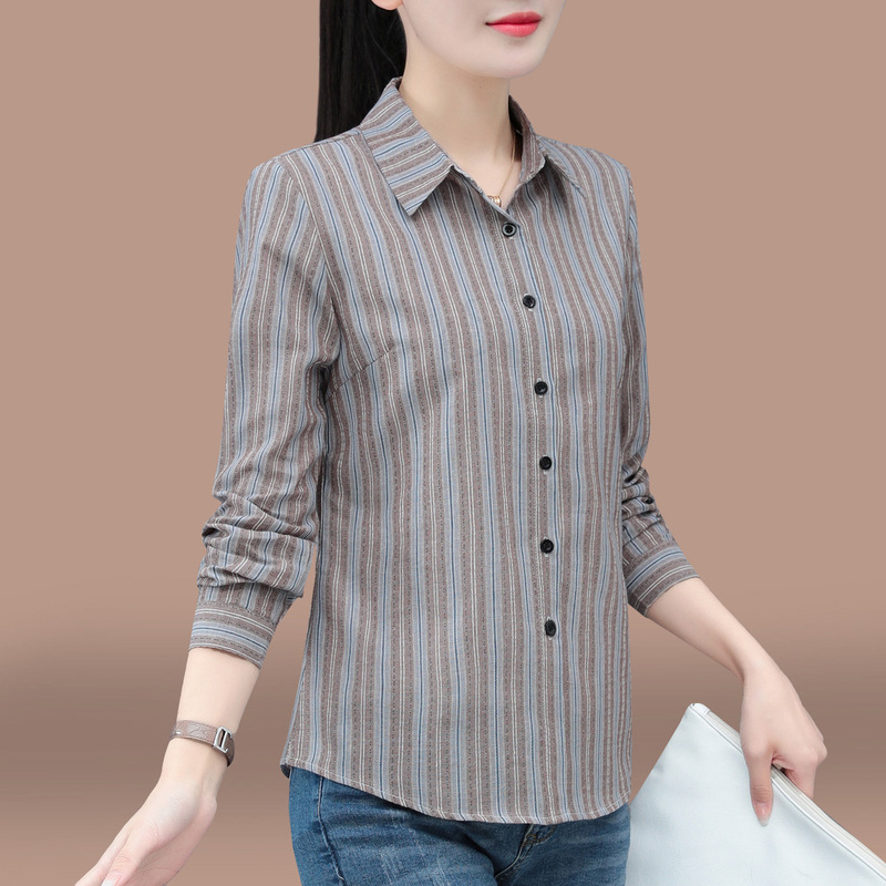 格子长袖衬衫女款春秋2025新款中年女装洋气减龄条纹衬衣纯棉上衣|undefined