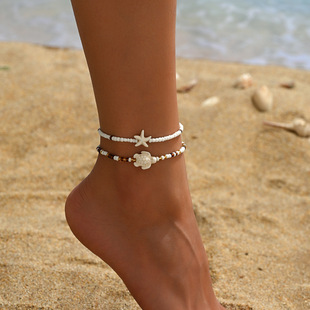 Cross-Border Hot-Selling Holiday Style Retro Contrasting Color Beaded Anklet Foot Jewelry Turquoise Starfish Turtle Rice Bead Anklet