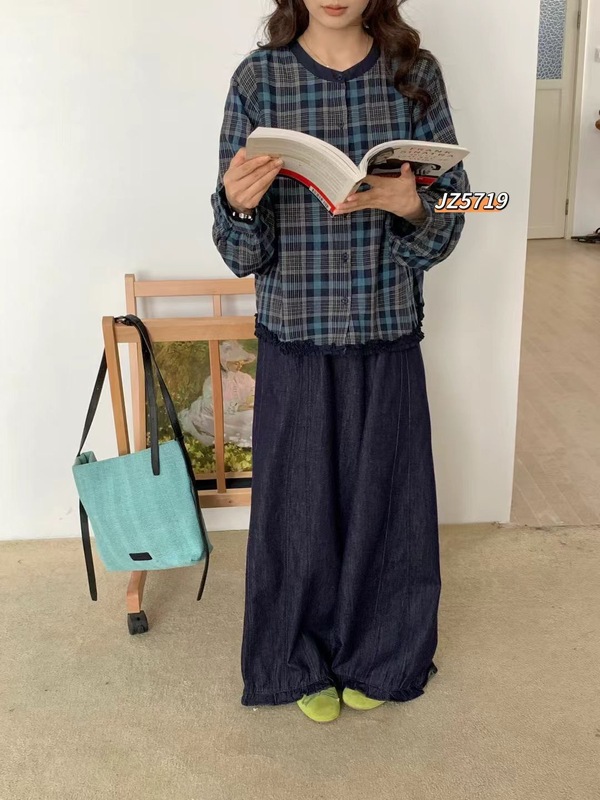格纹复古风日系小衫撞色圆领文艺衬衫宽松百搭独特长袖上衣ZR|undefined