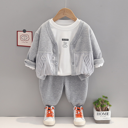 New autumn clothing for children and middle-aged children, casual bottoming T-shirts, spliced ​​sleeves, sports autumn long-sleeved trousers, fashionable three-piece set