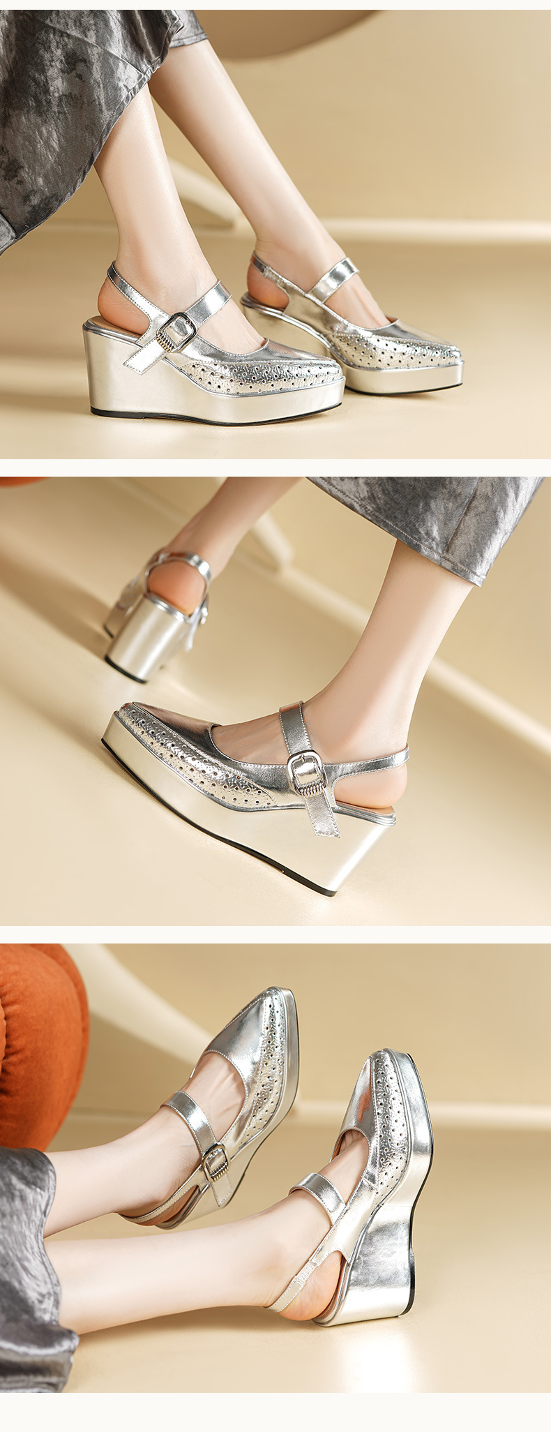 Sandal cao gót nữ hở mũi quai ngang gót 9 cm — màu vàng, bạc chi tiết 4
