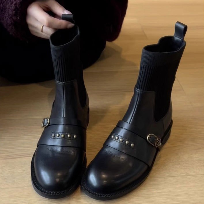 In Stock~ Genuine Leather Retro Studded Buckle Elastic Slim Boots for Women Versatile Black Sock Boots Short Boots Martin Boots