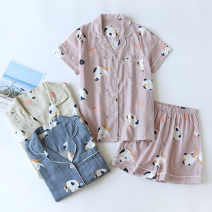 Couple Pajamas Summer Pure Cotton Gauze Short-sleeved Nightgown Women's Summer Korean-style Cartoon Home Clothes Men's Thin Suit Thin