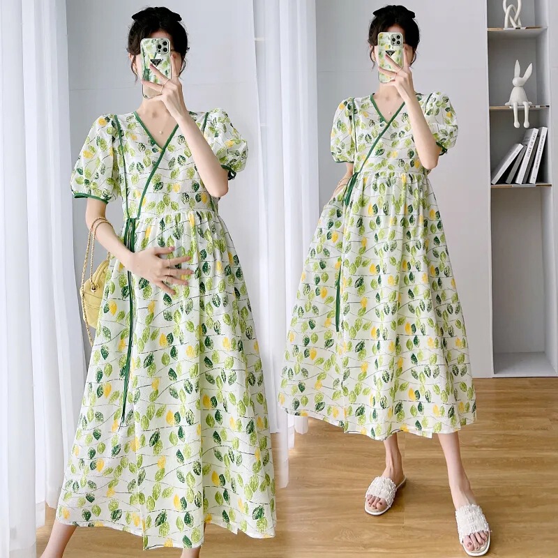 Maternity Wear V Neck Korean Style Small Fresh Summer Short-Sleeved Breathable Mid-Length Large Size Loose Belly-Covering Slimming Look Trendy Dress