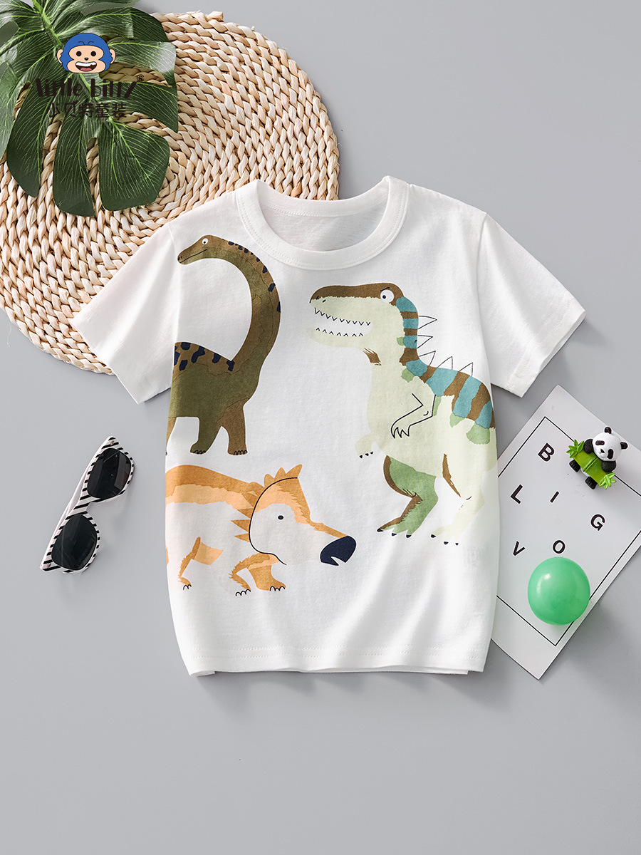 Children's Short-Sleeved T-Shirt Pure Cotton 2025 Summer New Style Little Dinosaur Girls Boys Medium and Large Kidsren White Half-Sleeved Tops