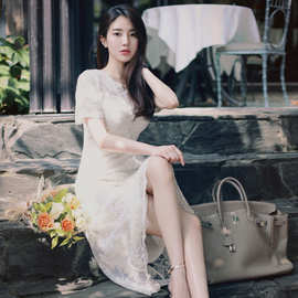 瑕疵清仓韩国chic浪漫蕾丝刺绣裙摆花边金线连衣裙宫廷轻礼服长裙