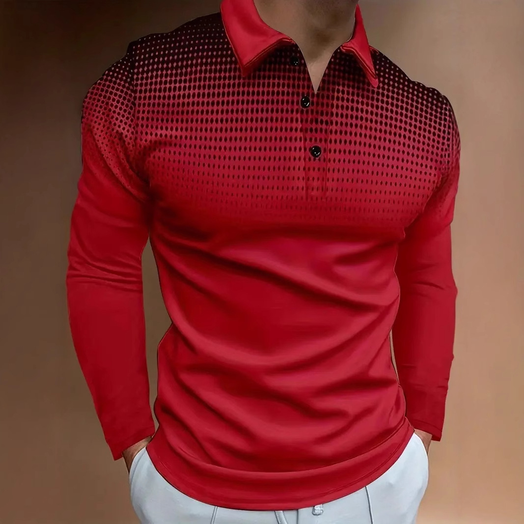 Puntos de color degradado simples con estampado 3D para hombres casuales de todo fósforo negocios sueltos de manga larga con cuello con botones en stock