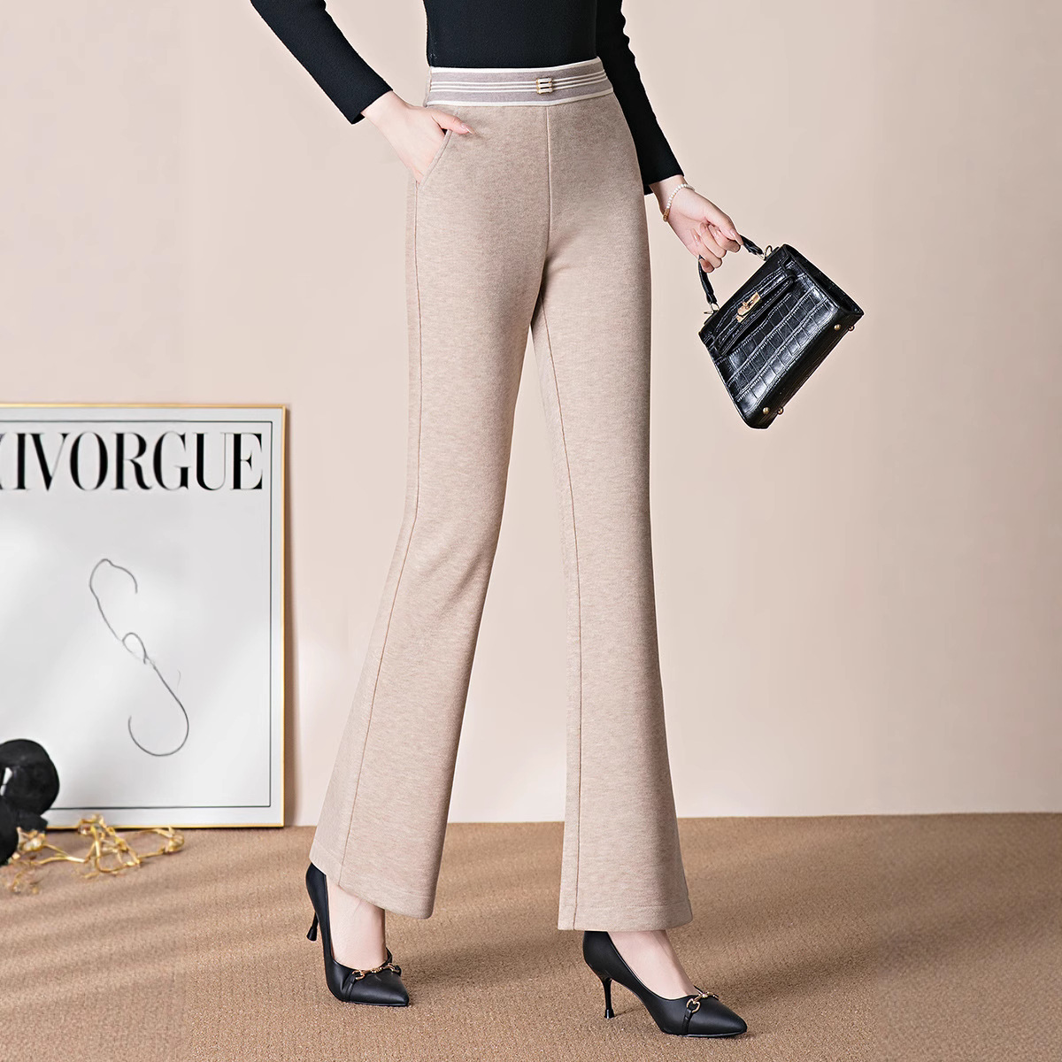 秋冬新款女裤高品质天丝羊毛直筒微喇裤松紧高腰时尚大码垂感裤子