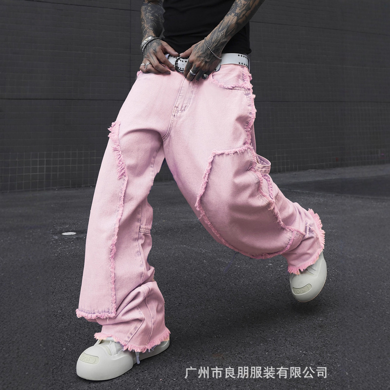 European and American Trendy Hip-Hop Raw Edge Jeans for Men in Autumn New High-End Splicing Pink Jeans Wide-Leg Jeans